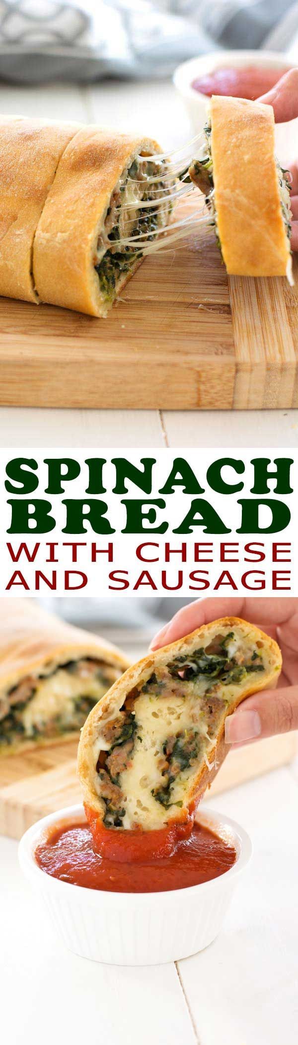 Stuffed Spinach Bread loaf rolled up with cheese and sausage. This cheesy spinach appetizer is amazing!
