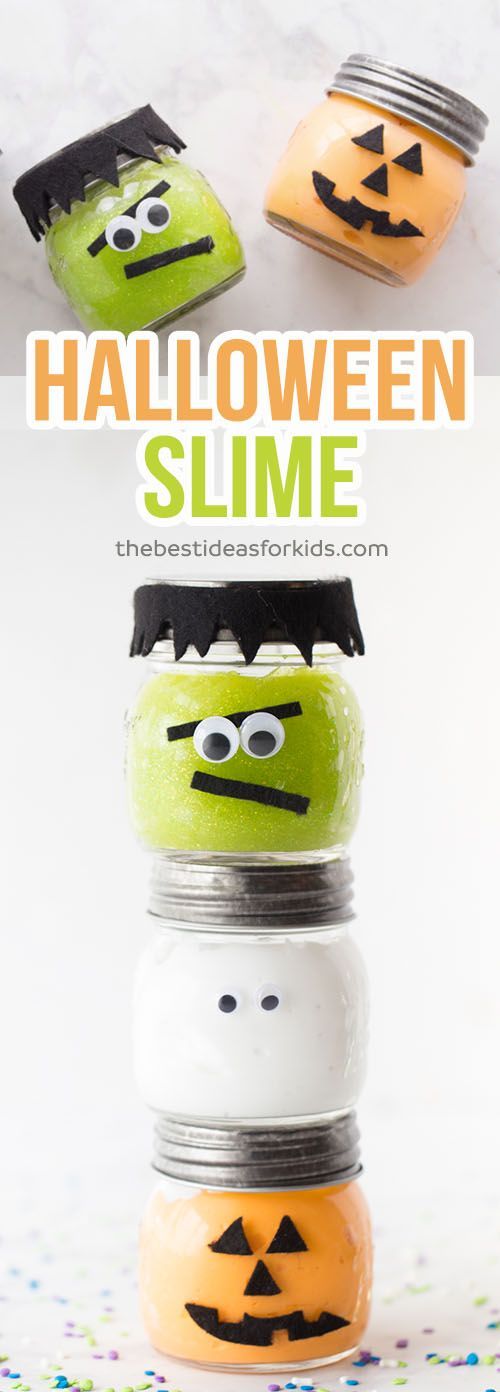 These Halloween Slime Jars are so fun to make as a Halloween craft or to give as a non-candy treat. Kids will love playing with