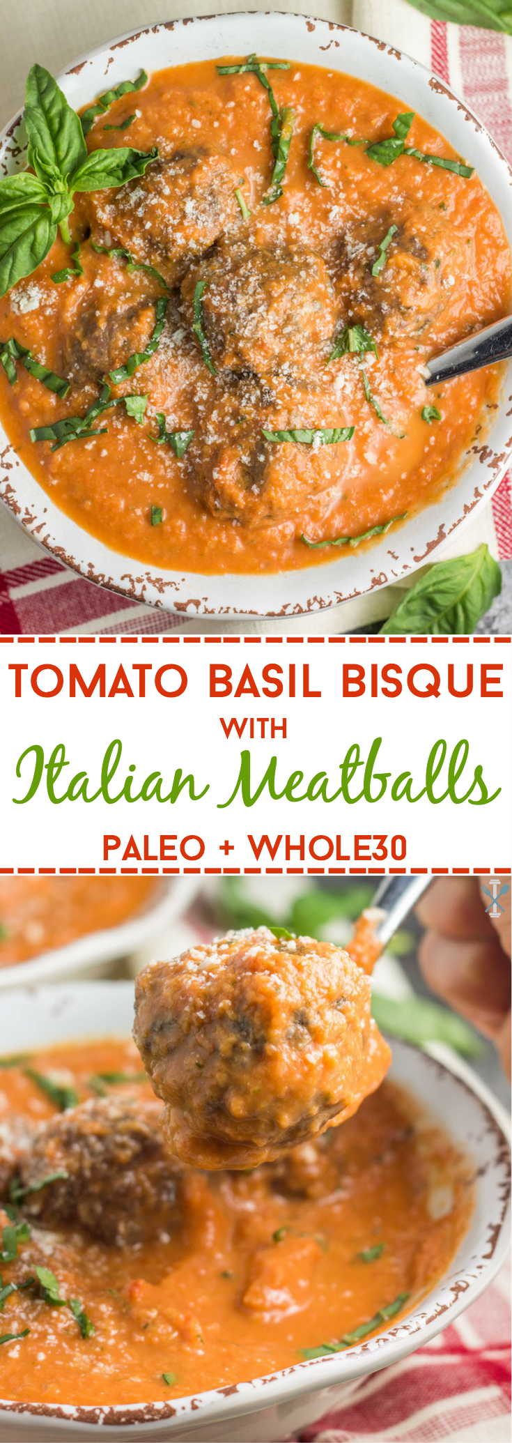 This dairy free and Whole30 compliant tomato basil bisque with Italian meatballs is an easy winter soup with simple ingredients!