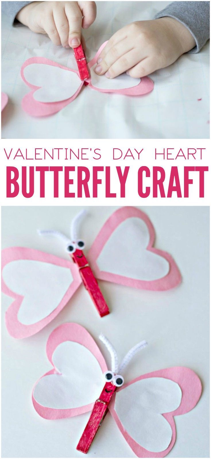 This heart butterfly craft for Valentine’s Day is so cute! With heart-shaped wings and red, pink and white colors, the kids will