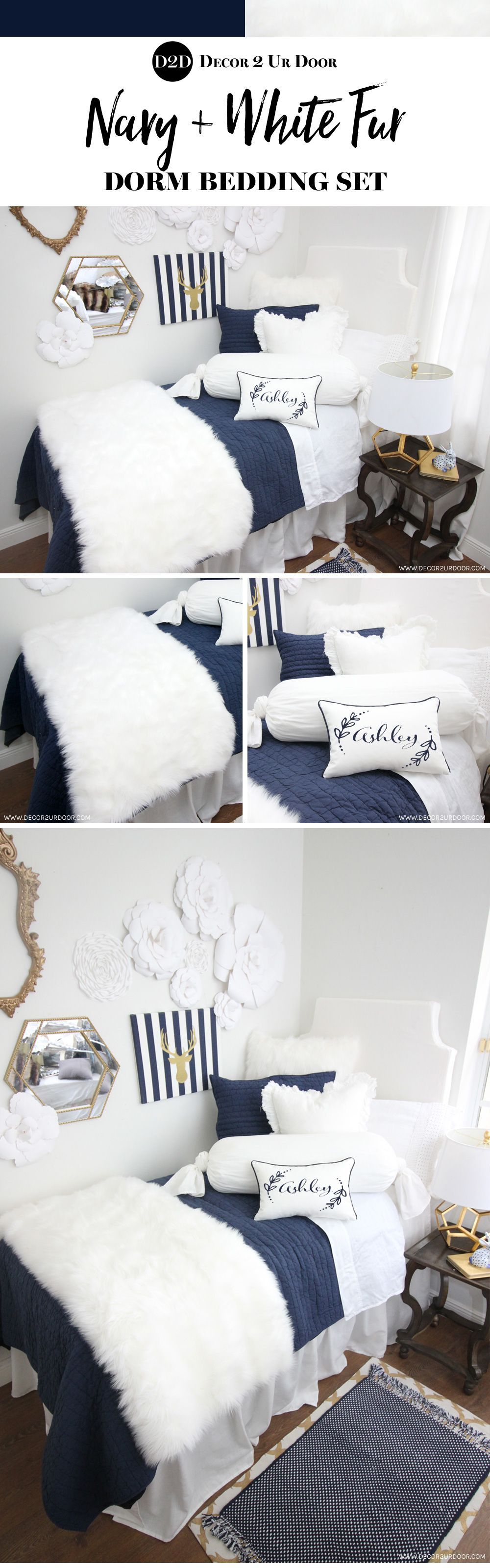 Trendy college dorm room bedding set. Navy and white, all right! This navy and white faux fur dorm bedding features textured furs,