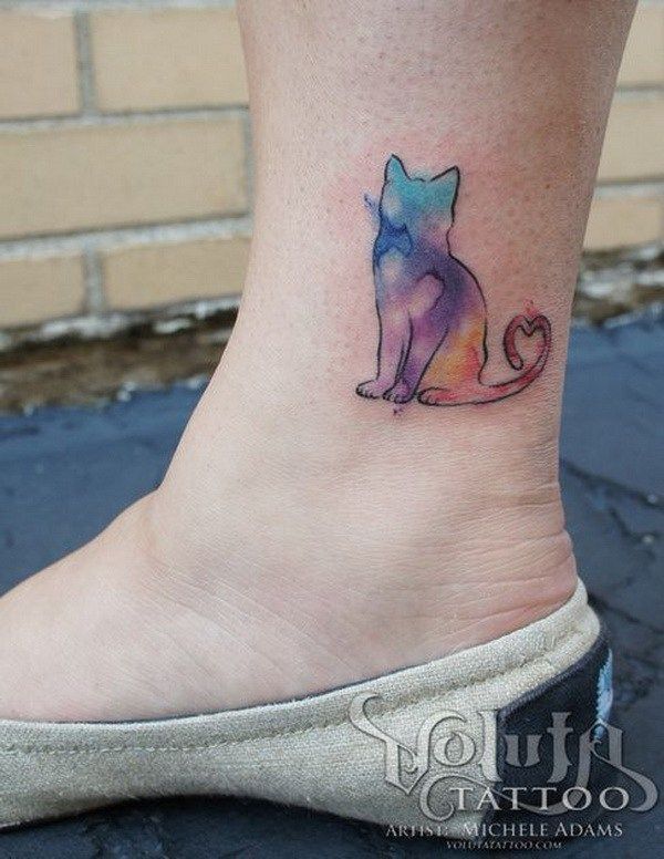 Watercolor Cat Tattoo on Ankle.