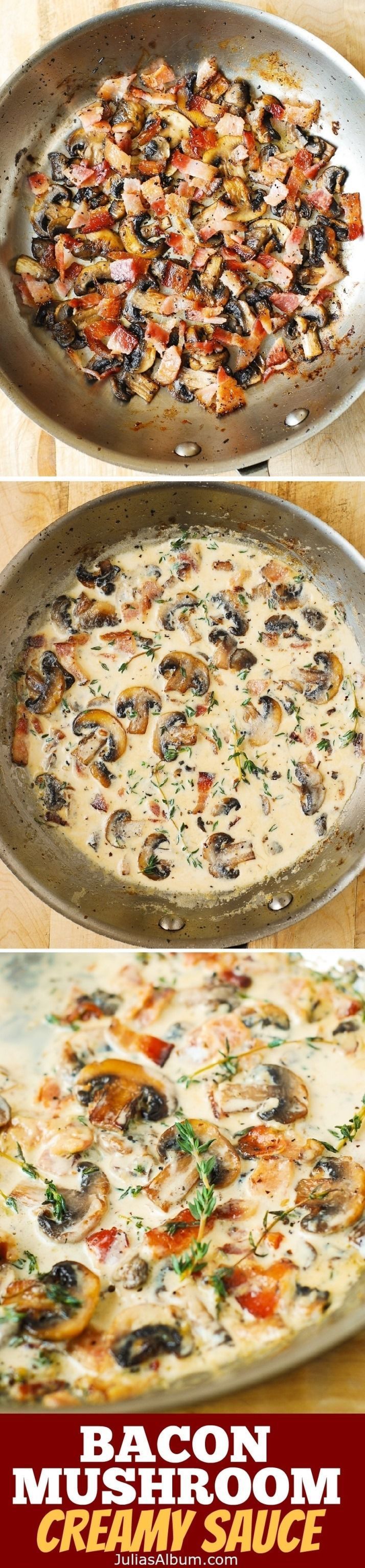 Creamy Mushroom Sauce with Bacon and Thyme – a great accompaniment to baked and grilled meats, chicken, pork, steaks. Gluten free,