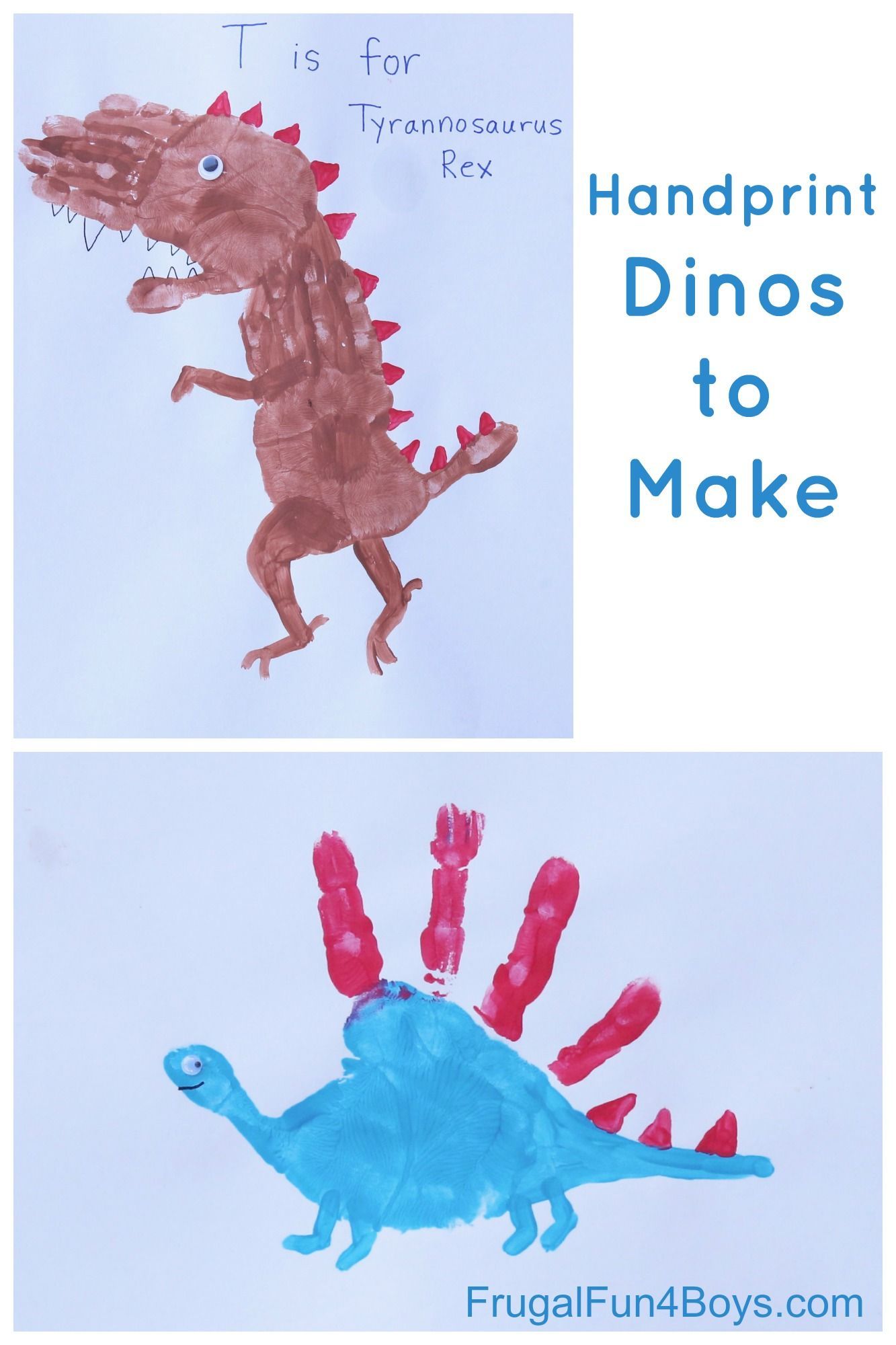 Fun dinosaur craft for kids – handprint dinosaurs to make! T-Rex, Stegosaurus, and Brachiosaurus