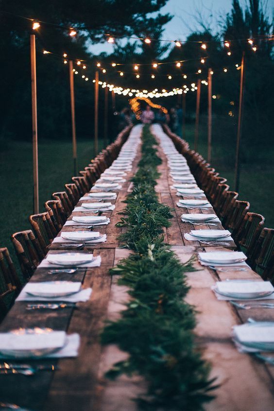 Garden dinner party… long table with simple centerpiece and lighting… chic.