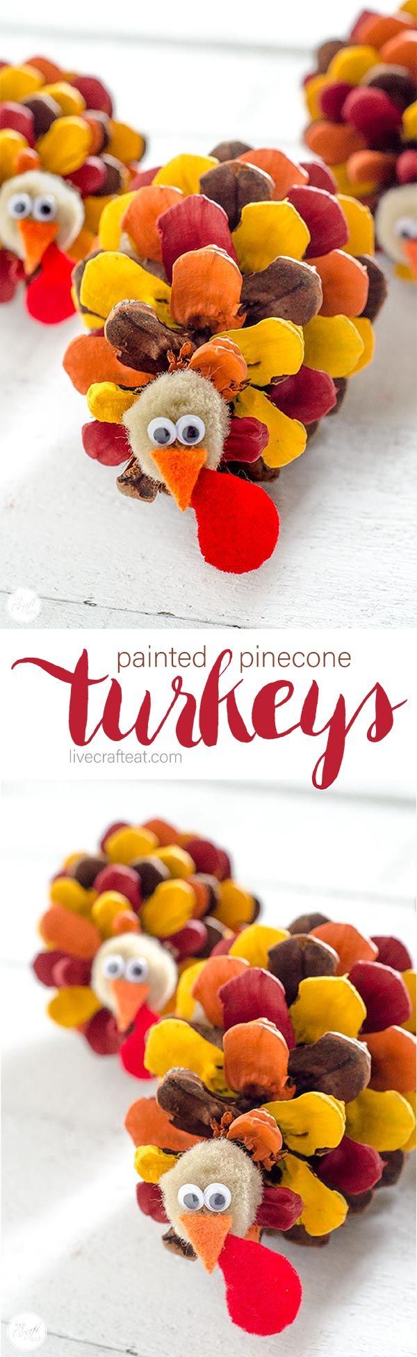 painted pinecone turkeys :: perfect thanksgiving craft for kids, and great as place card holders, or just as cute thanksgiving
