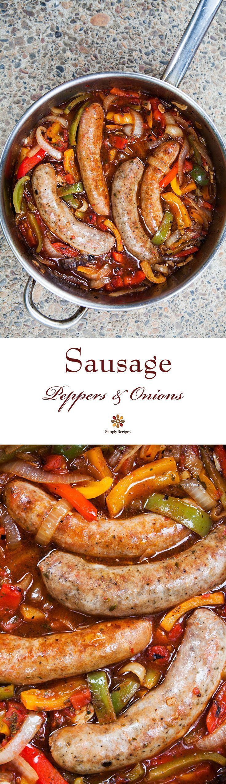 Sausage, Peppers, and Onions ~ Italian sausages cooked with bell peppers, sweet onions, crushed tomatoes, and garlic. Served in a