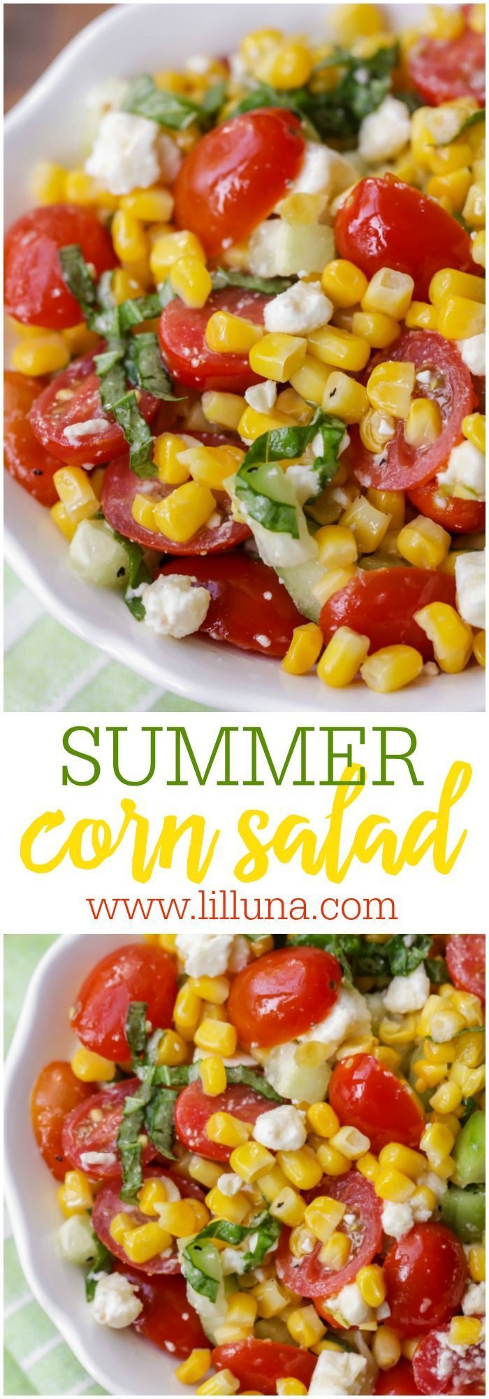 Summer Corn Salad Recipe- a light, flavorful salad filled with corn, tomatoes, feta, basil and cucumber. It's perfect for BBQs and