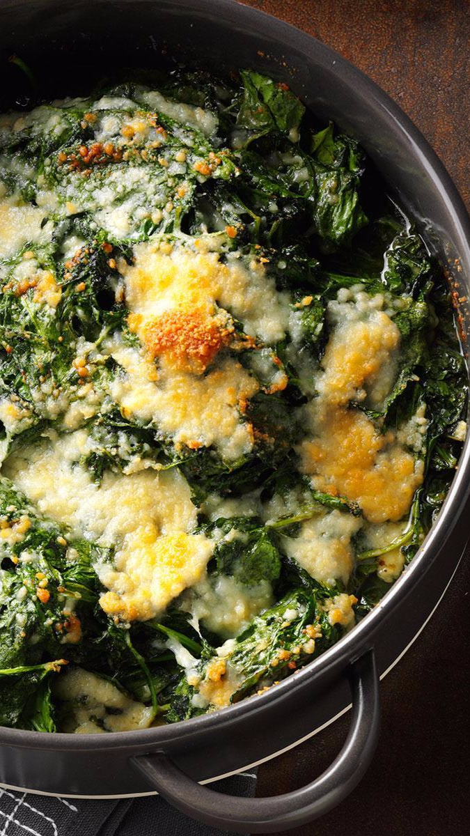 This Spinach-Parm Casserole Recipe from Taste of Home features fresh spinach with garlicky butter and Parmesan.