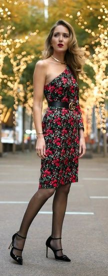 It's beginning to feel a lot like CHRISTMAS вњЁ @maryorton •  This red and green floral favorite and tons of other holiday dresses today on memorandum.com! //  Red and green floral one-shoulder knee-length dress, sheer black tights, black strappy Mary Jane pumps, gold tribar cuff, gold choker, diamond bezel necklace and a deep red lip -   19 black style winter
 ideas