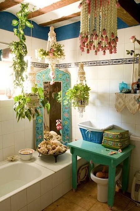 our bathroom is far to small for this gypsy lifestyle, however i just love all the live plants they would love air in there handmade  earrings, choker and women soks -   22 gypsy style home
 ideas