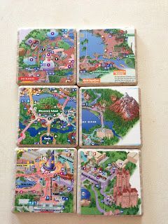DIY Disney Map Coasters.  This is a great blog, filled with cool Disney crafts!!  merryweatherscottage.blogspot.jp/ next holiday for Mom and Dad @Kelly Teske Goldsworthy Reynolds @Kate Mckenna Reynolds think i can barrow some @Quinn Jones Reynolds -   25 cool disney crafts
 ideas
