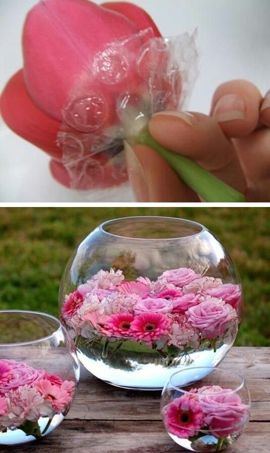 Floating flowers are a fun way to decorate for special occasions, or to simply create something different for your dining room table. Most flowers float pretty well on their own until they start to pool with water and slowly sink. For a longer lasting centerpiece, use bubble wrap to make little skirts for your flowers. -   25 floating garden water
 ideas