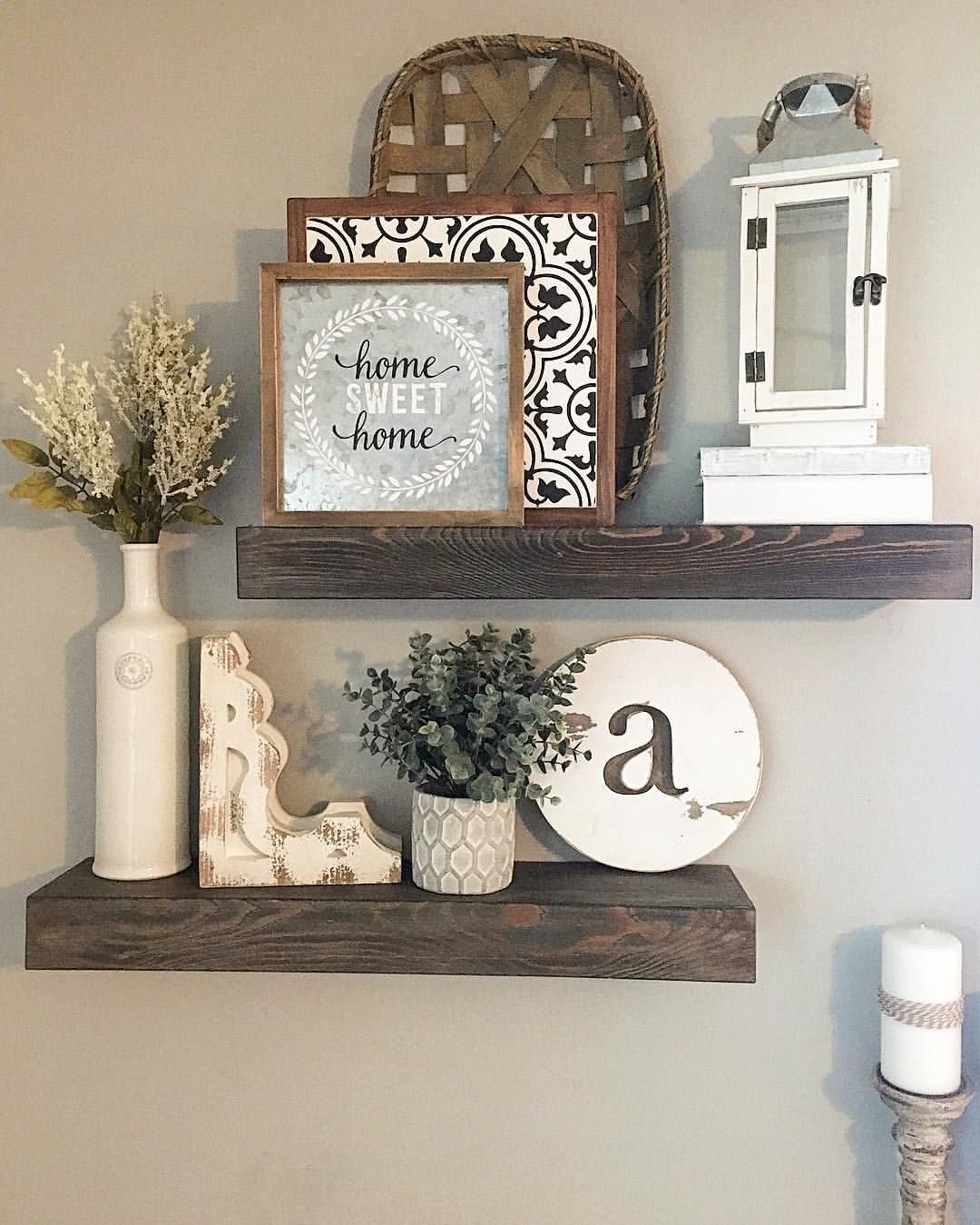 Floating shelves, floating shelves decor, shelf decor, lantern, tobacco basket, tile sign, home sweet home sign, monogram round, greenery, faux greenery, corbel, farmhouse decor, farmhouse style, modern farmhouse, living room, living room decor, winter decor, all year decor, neutral decor, neutral farmhouse decor,   See Instagram photos and videos from Robin Norton (@rock.n.robs) -   25 rock style room
 ideas