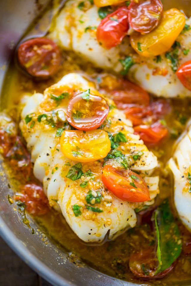 Pan-Seared Cod in White Wine Tomato Basil Sauce -   20 cod fish recipes
 ideas