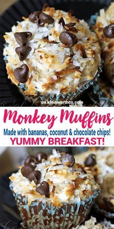 Monkey Muffins are a delicious banana muffin recipe, loaded with coconut & chocolate chips! These make the perfect breakfast to make your day happy! via @KleinworthCo -   21 breakfast recipes muffins
 ideas