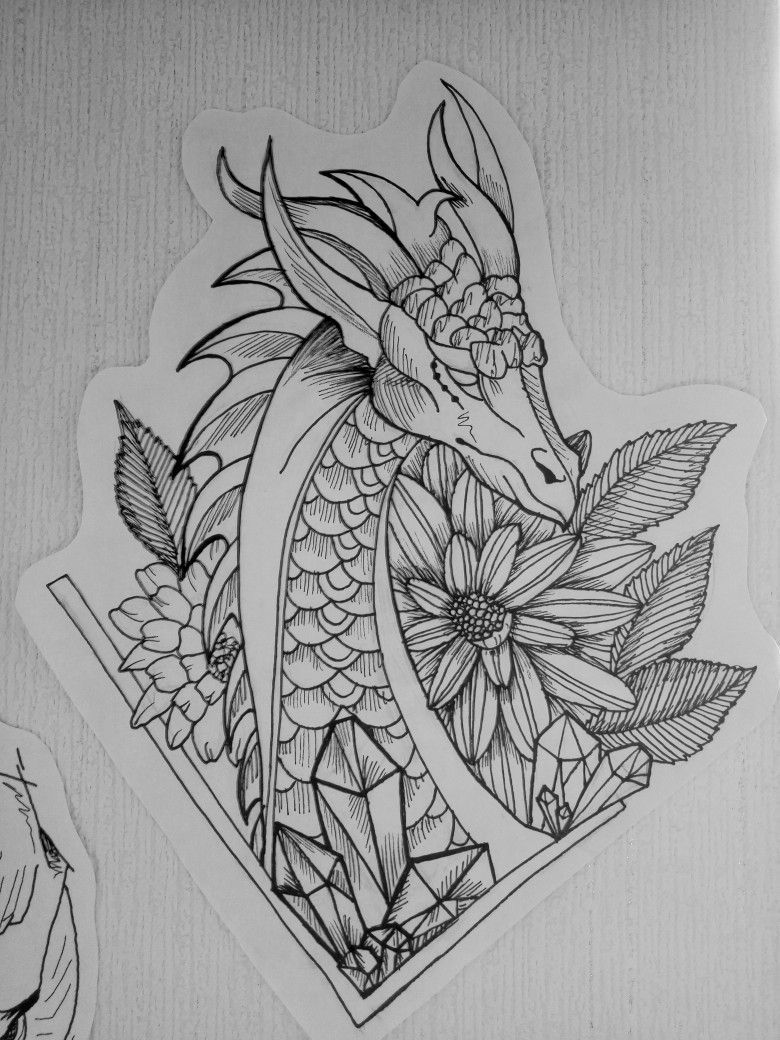 Dragon flowers tattoo sketch graft black and white -   21 dragon tattoo sketch ideas