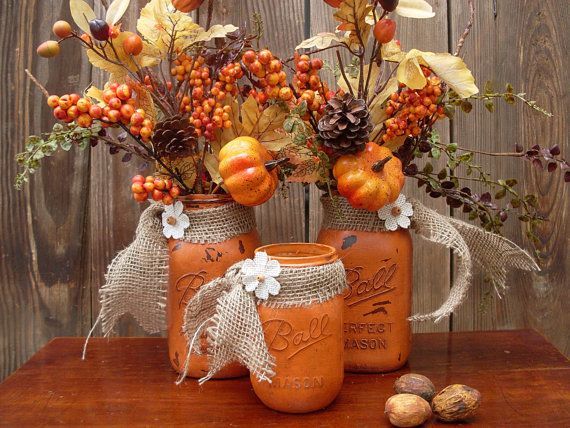 Set of 3 Mason Jars, Rustic, Chalk-Painted, Farmhouse, Country Living, Autumn Decor, Centerpiece, Table Top -   22 country fall crafts
 ideas