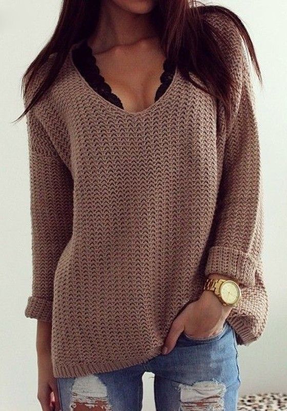 Coffee Plain Hollow-out V-neck Long Sleeve Loose Vintage Casual Pullover Sweater -   23 casual style fall
 ideas