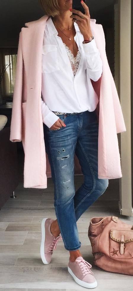 Casual Style Perfection Pink Coat Plus Bag Plus Sneakers Plus White Blouse Plus -   23 casual style fall
 ideas