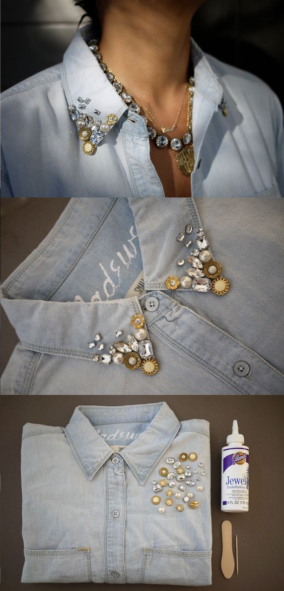 DIY Embellished Denim Shirt -   23 diy shirts collar
 ideas
