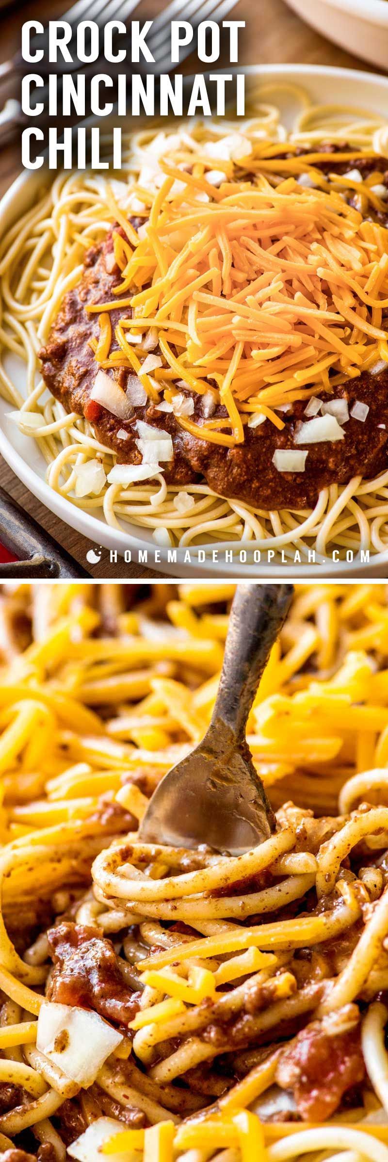 Crock Pot Cincinnati Chili! An Ohio-favorite dish gets the crock pot treatment with this Skyline Chili copycat recipe. Eat like a Cincinnatian with a chili made with hints of cinnamon and chocolate (that's NOT sweet!) and serve it like the locals do using the authentic 