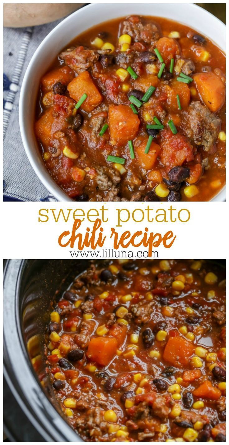 Hearty and filling sweet potato chili that is full of yummy black beans, ground beef and flavor. You're going to love this different take on a classic chili recipe, especially if you're a fan of sweet potatoes! -   23 sweet chili recipes
 ideas