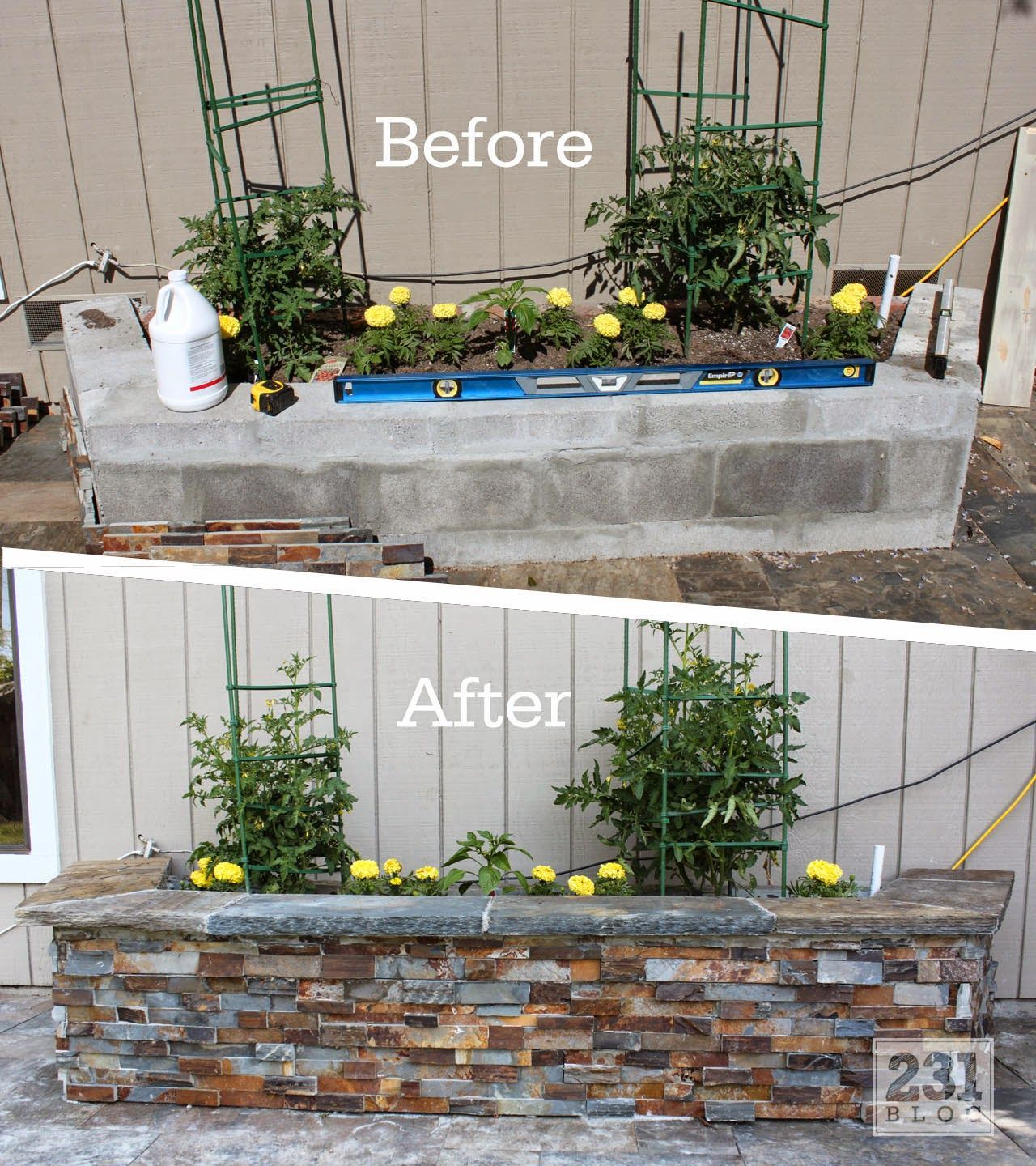 DIY Slate Ledger Stone Planter Boxes with a bench. Boxes built with cinder block and faced with stone, they only look expensive. -   24 cinder block garden beds
 ideas