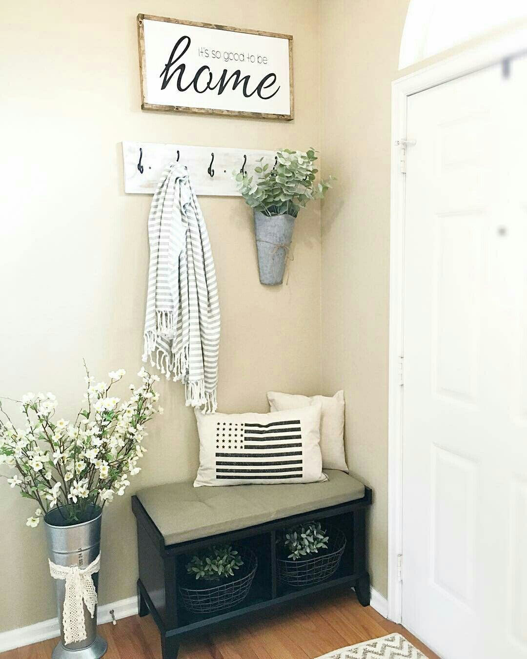 Something around this size would be perfect for our foyer since the walls aren't very wide. I would want the bench to be white and a different quote hanging above the wall hook, but this is my inspiration! -   24 entryway decor shelf
 ideas