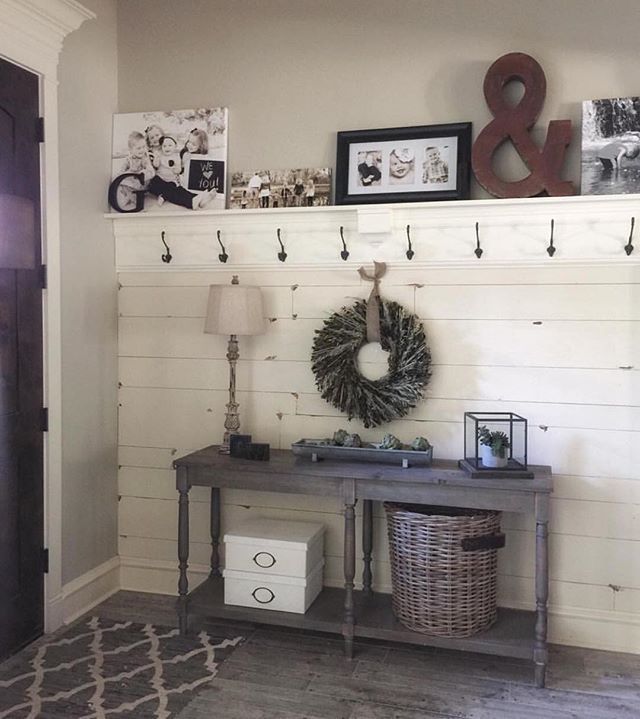 Entry way  Free plans to build the table and planked wall and shelf are on our site.. Shanty 2 chic -   24 entryway decor shelf
 ideas