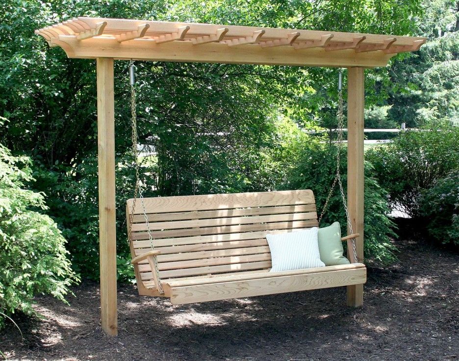 Exteriors. Minimalist Wooden Arbor Design With Pergola Roof And Swing Bench With Pair Of Cushions Ideas As Comfy Garden Seating Design. Excellent Wooden Swing Pergola Design For Enjoyable Seating In The Garden -   24 garden seating swing
 ideas