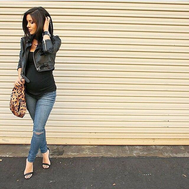 Stay true to you and your style for maternity photos - this cropped moto jacket looks sharp over a fitted tee! -   24 hot mom style
 ideas