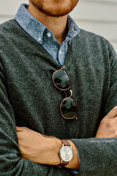 classic menswear - charcoal vneck cardigan, dotty chambray, sunglasses and watch via www.stayclassicblog.com -   24 mens style elegant ideas