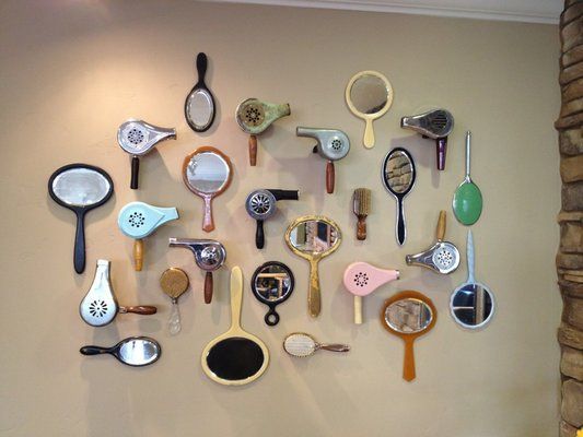 Gypsy Rose Salon, Vintage hair dryers and mirror wall. Hey @Sarah Chintomby Chintomby Chintomby Chintomby Chintomby Chintomby Chintomby Lugo this might be cool at the salon we can go thrift shopping for old hair dryers and paint them -   24 vintage salon decor
 ideas