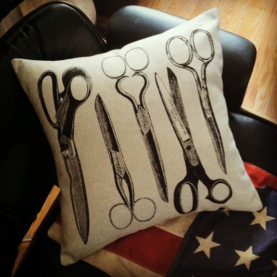 Vintage Scissors and Shears silk screened cotton throw pillow -   24 vintage salon decor
 ideas