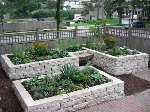 I planned on making a raised bed out of cedar...but this stone is beautiful!  love the little bench...can't wait to garden! -   25 garden beds wall
 ideas