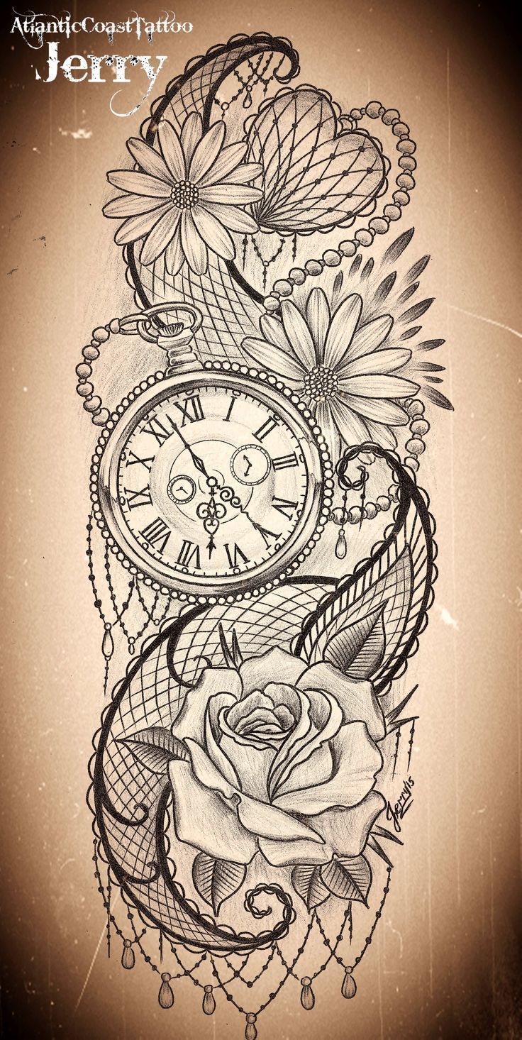 Tatto Ideas 2017 - pocket watch and flowers tattoo design idea, mendi and rose, daisy... -   19 lace tattoo design
 ideas