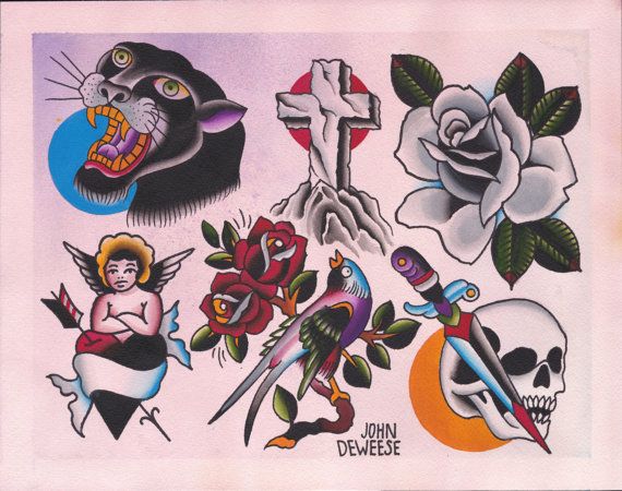 Original Watercolor Traditional Tattoo Flash Painting of Panther, Cross, Rose, Skull, Cherub -   19 traditional cross tattoo
 ideas