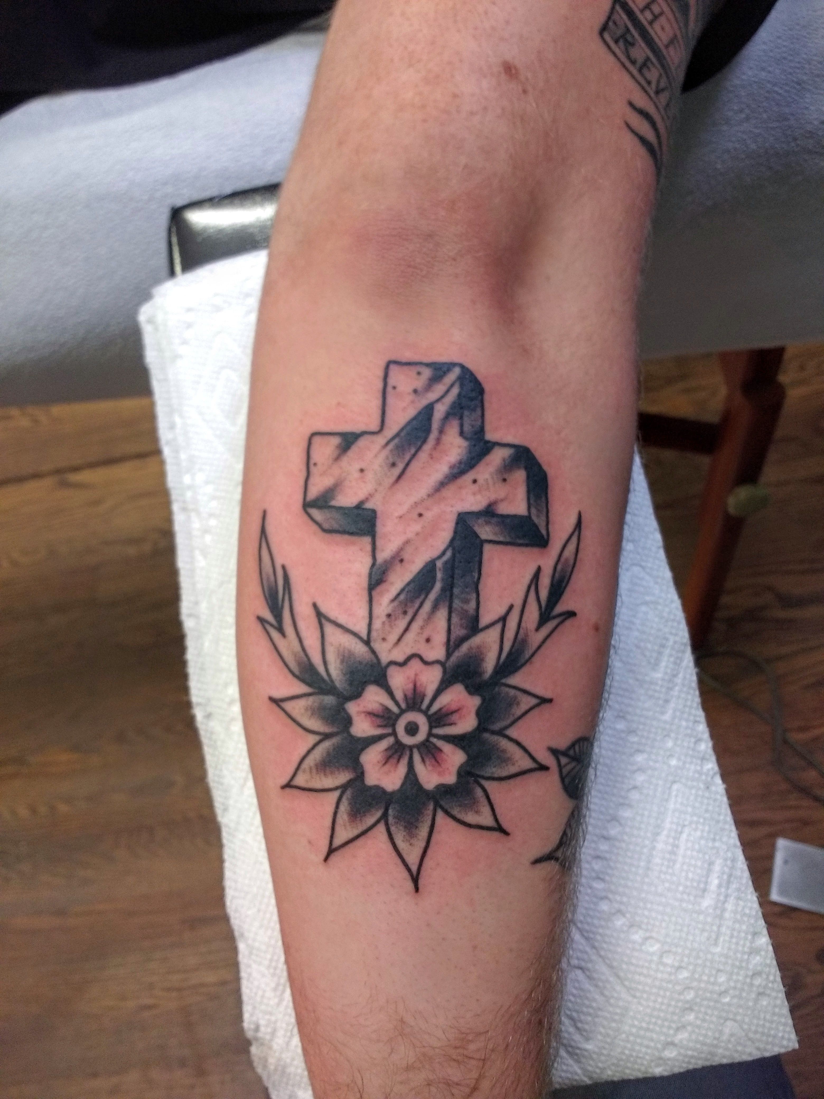 Traditional black and grey Rock of Ages cross tattoo by Alan Wood -   19 traditional cross tattoo
 ideas