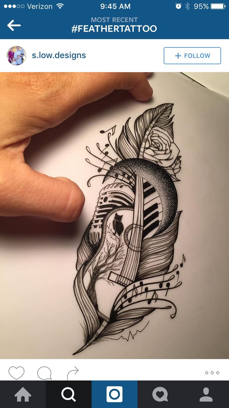 LOVE this with dancing skeleton on guitar instead of tree and owl, peacock feather used (round spot at top instead of rose) with watercolor splotches behind -   20 feather music tattoo
 ideas