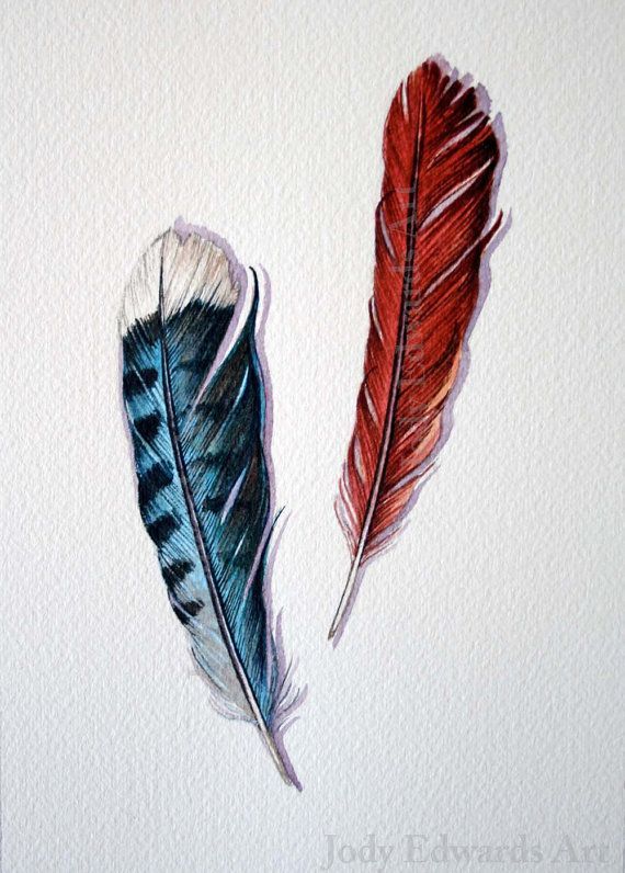 Blue Jay feather Cardinal feather Original watercolor by jodyvanB -   20 feather music tattoo
 ideas