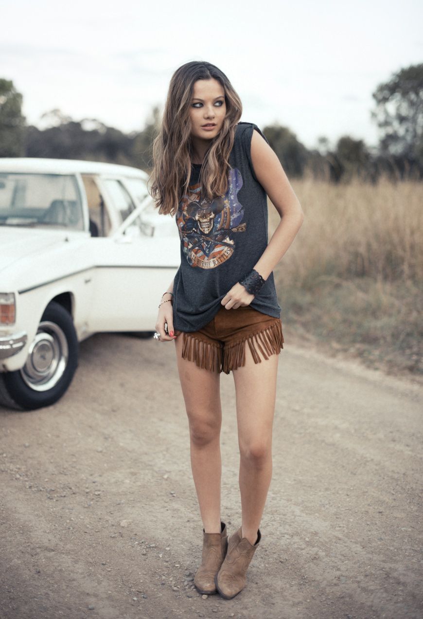 Myocum fringed shorts, rock tee, ankle boots & leather cuff. Boho grunge style. (Spell & the Gypsy Collective) -   20 grunge style polyvore
 ideas