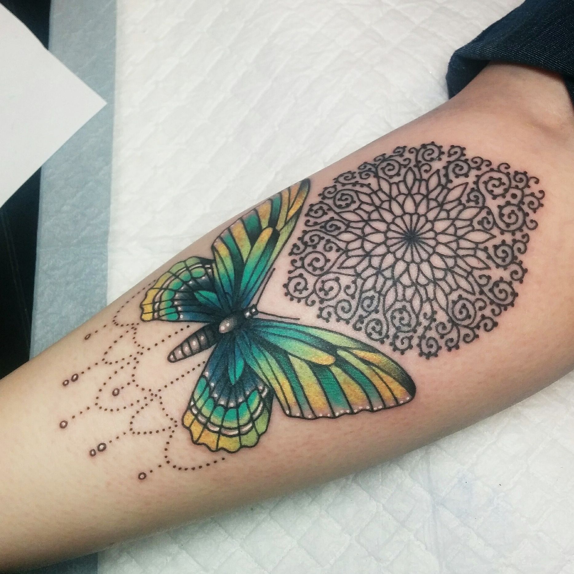 Butterfly and mandala by Kate DeCosmo at Euphoria Tattoos in Tallahassee -   20 mandala butterfly tattoo
 ideas