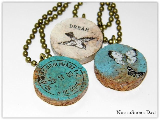 Cork Pendant Necklaces -  So pretty, so unique! So  EASY to make!!!  This was an experiment that turned out awesome using a wine cork, acrylic paint and rub on decals! These are so cool -  love them!  Simple step-by-step tutorial. | NorthShoreDays.Blogspot.com -   21 cork crafts jewelry
 ideas
