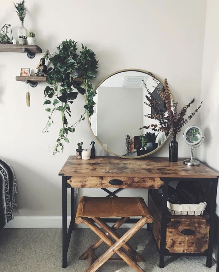 Rustic bedroom decor with brass mirror and greenery  Wooden desk vanity boho makeup desk station shelf office hippie green plants eucalyptus hanging plants wood shelves industrial -   21 desk decor plants
 ideas