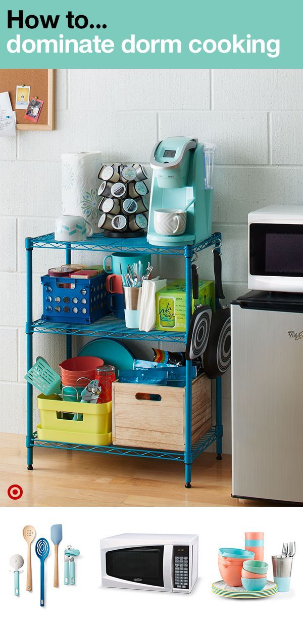 Become a pro at dorm cooking. Use space-savers like storage bins and storage shelves to keep everything you need organized. Remember a coffeemaker for the mornings and late nights, a microwave to cook anything and everything, and don’t forget plates, cups and cooking utensils — pizza cutter included. Perfect! Now you can avoid cafeteria food and instead prepare meals right in your stocked dorm room kitchen. -   22 dorm decor painting
 ideas