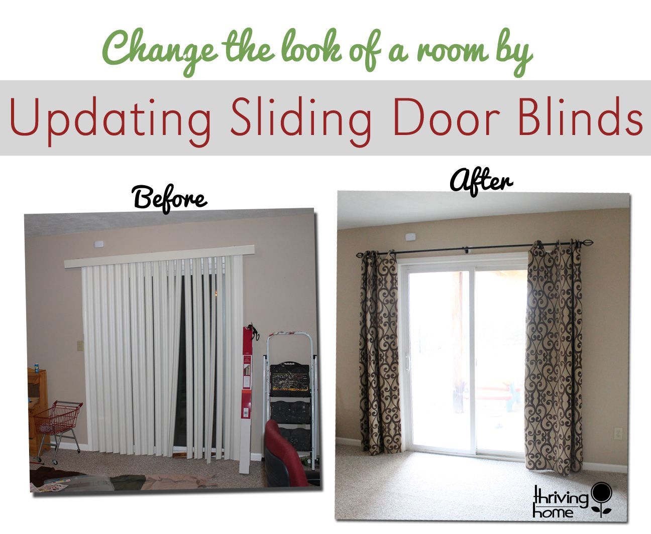 Super easy home update: replace those sliding blinds with a curtain rod and curtains! Why didn't I think of this before now?! -   22 patio door decor
 ideas