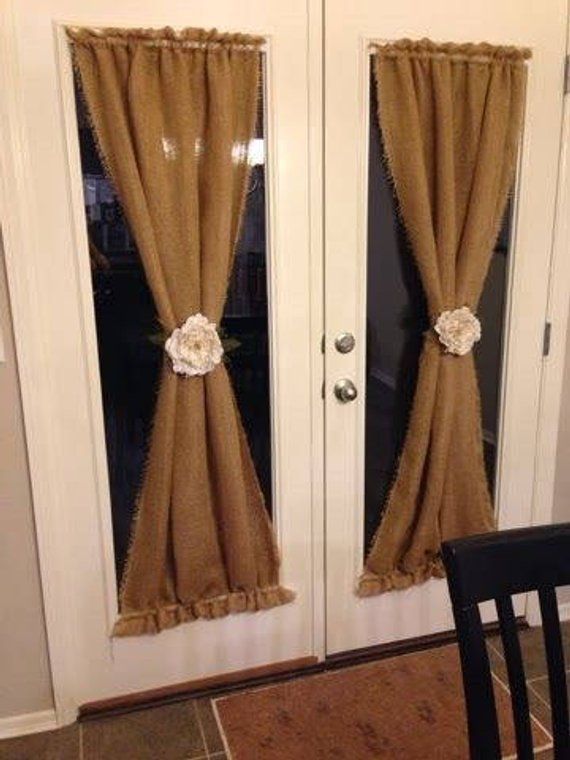 set of 2 natural burlap french door curtains country farmhouse living room panels drapes frayed or s -   22 patio door decor
 ideas