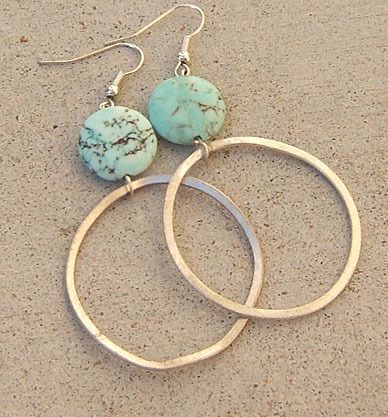 Big aqua blue coin turquoise earrings brushed silver hoop long large jewelry -   23 diy box jewelry
 ideas