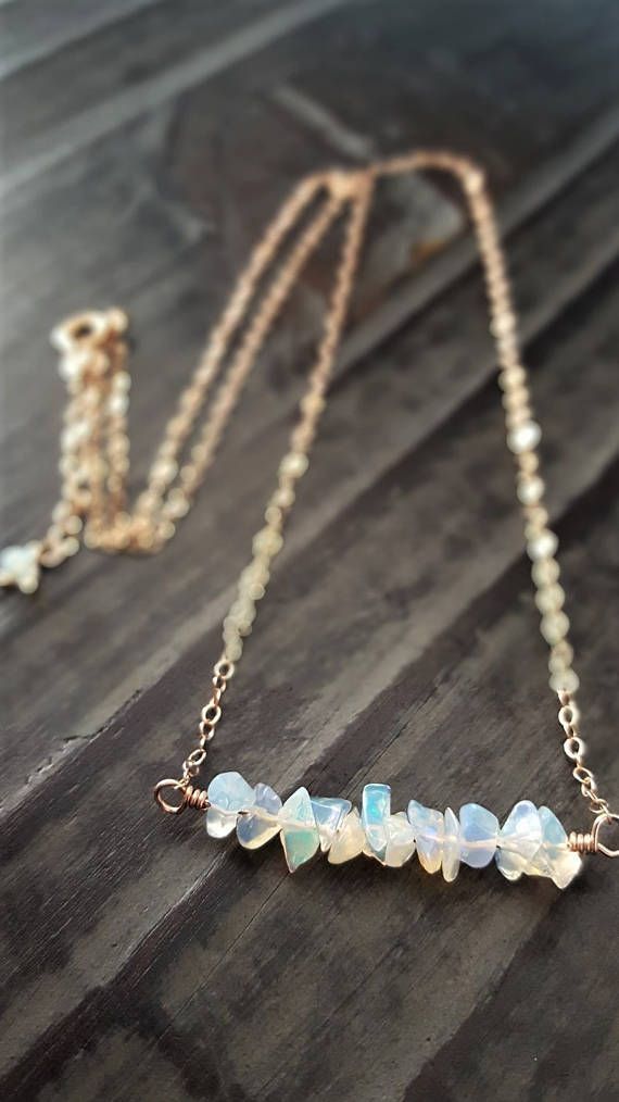 Opal And Rose Gold Necklace, Raw Ethiopian Opal Chips, 14 Karat Rose Gold Filled Chain, Bar Necklace, Opal Jewelry, Layering Necklace -   23 diy box jewelry
 ideas